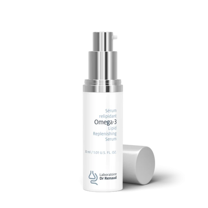 A white pump bottle of Laboratoire Dr Renaud Omega-3 Lipid Replenishing Serum, labelled in black text with 30ml volume indication, against a gray-green background.