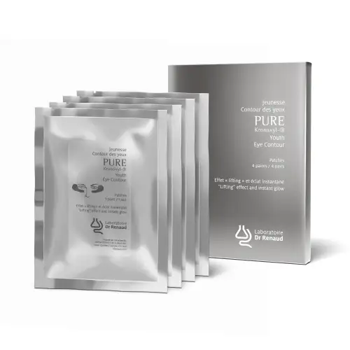 A set of packaged anti-aging eye contour masks by Laboratoire Dr Renaud, displayed fanned out with a box on the right side. The packaging is sleek and silver with black and white text.