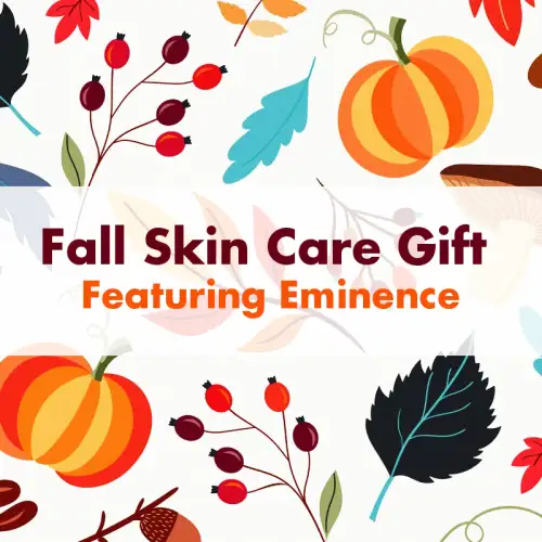 Illustrative banner featuring fall-themed elements like pumpkins and leaves with text "fall skin care gift featuring Eminence" on a white background.
