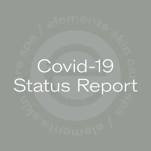 The image displays the text "covid-19 status report" centralized on a light gray background with the Elements logo as a watermark.